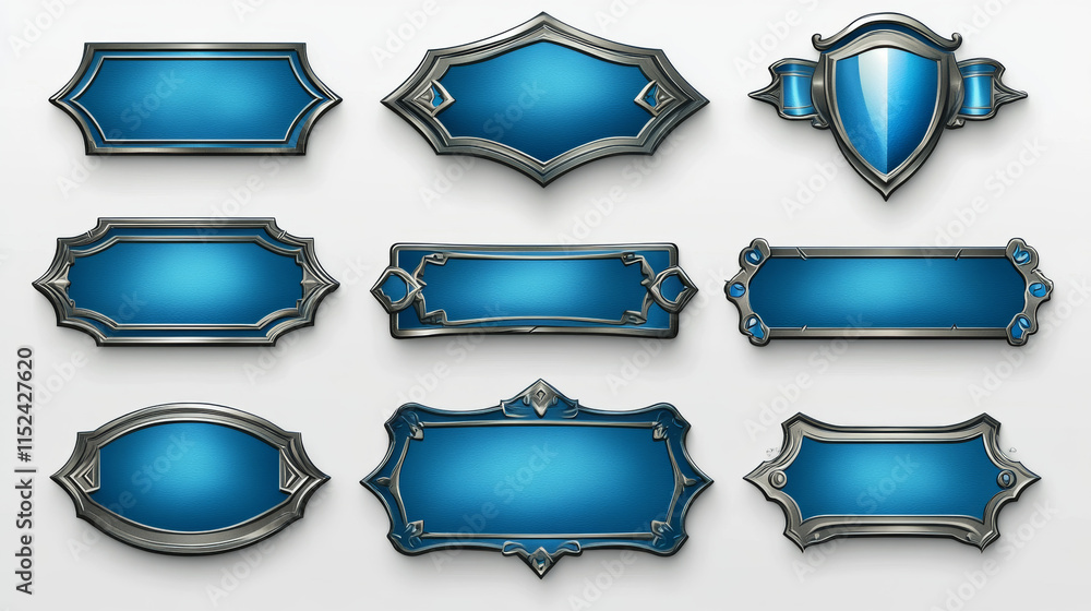 Fantasy buttons with silver frames for rpg game. Vector game user interface elements different shapes. Cartoon set of blank old blue banners with fancy metal borders isolated on background Fantasy buttons with silver frames for rpg game. Vector game user interface elements different shapes. Cartoon set of blank old blue banners with fancy metal borders isolated on background