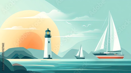 Serene seascape in a horizontal flat style background. Summery banner featuring ships, a lighthouse, and a boat. Vivid vector illustration with a maritime theme.  photo