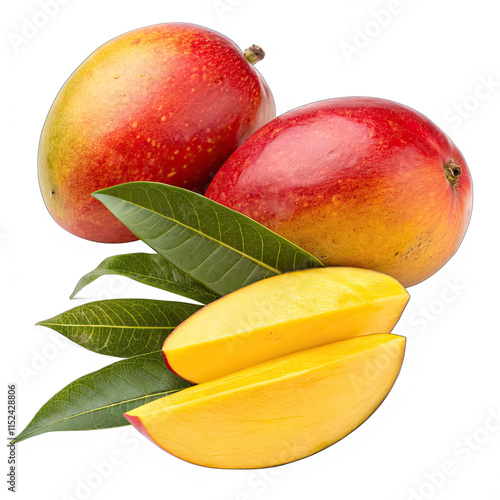 Wallpaper Mural Two ripe mangoes in red and yellow hues sit next to a half cut mango with fresh green leaves highlighting the essence of tropical fruit freshness Torontodigital.ca