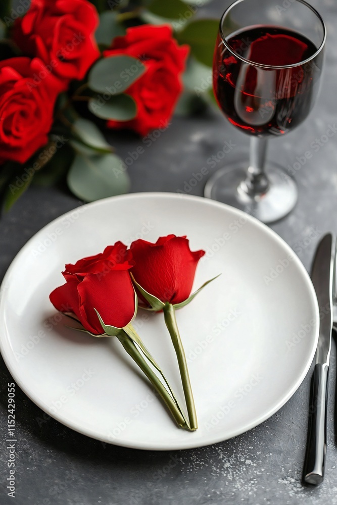 Valentine's Day Romantic Dinner Setting Red Roses Wine Plate Valentine's Day Romantic Dinner Setting Red Roses Wine Plate