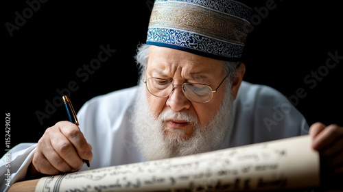 An elderly rabbi sits deeply focused on inscribing ancient texts, surrounded by a serene ambiance. His careful strokes reflect a rich tradition, evoking spiritual connection and wisdom from the past.