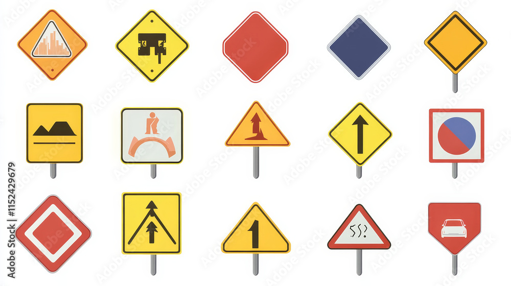 Road signs collection. Vector realistic set of blank traffic sign boards different shapes for attention, alert, speed limit and direction notice isolated on white background Road signs collection. Vector realistic set of blank traffic sign boards different shapes for attention, alert, speed limit and direction notice isolated on white background