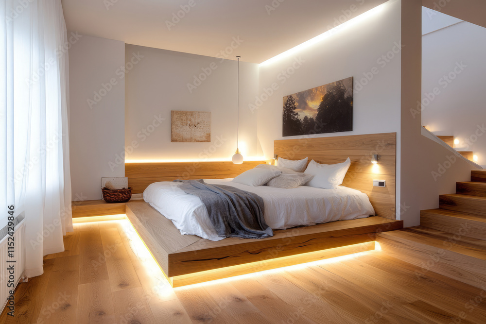 Fototapeta premium Minimalist bedroom with wooden bed, white bedding and neutral decor