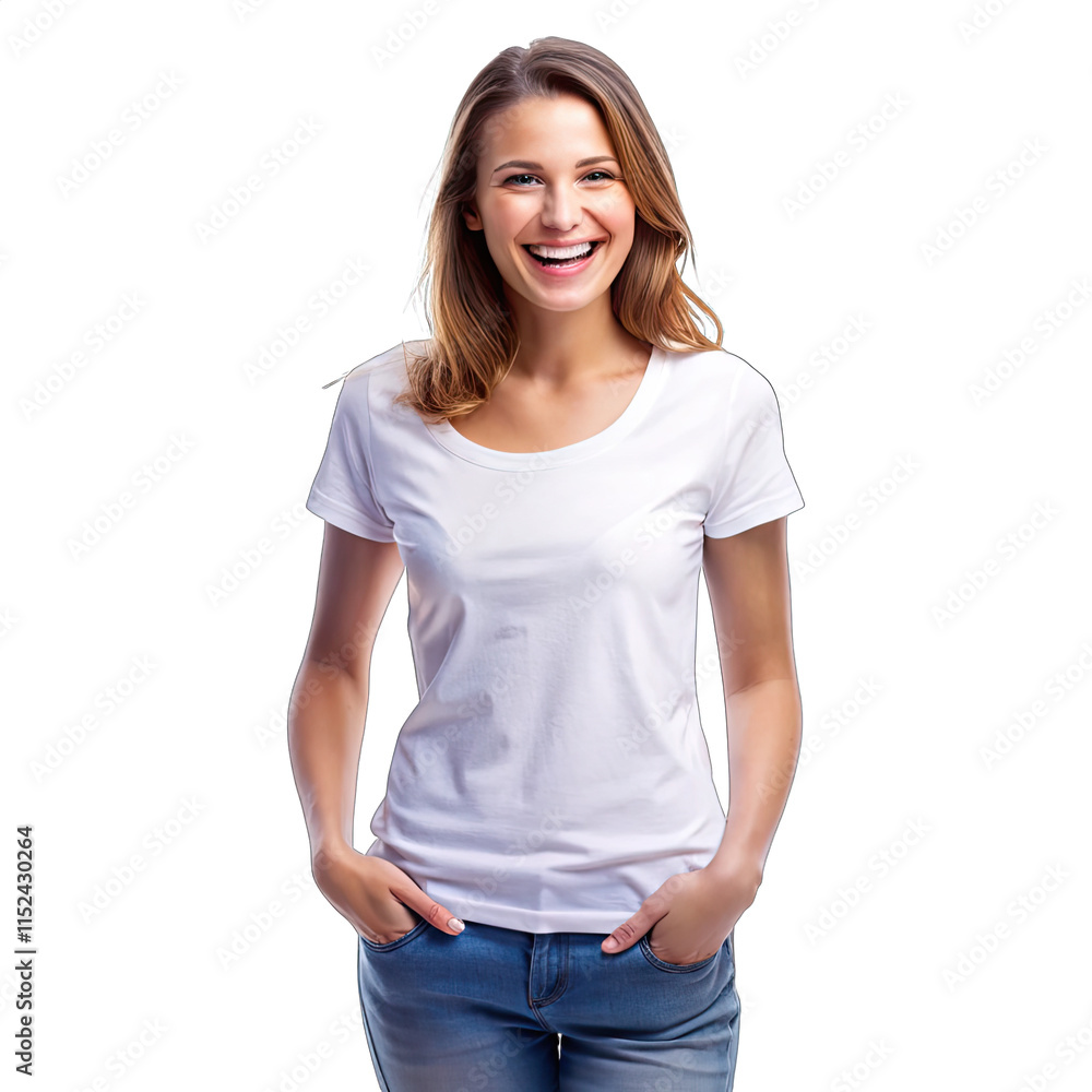 Obraz premium Warm and cheerful young woman stands with her hands in her pockets exuding happiness and laughter in a brightly lit environment showcasing joy