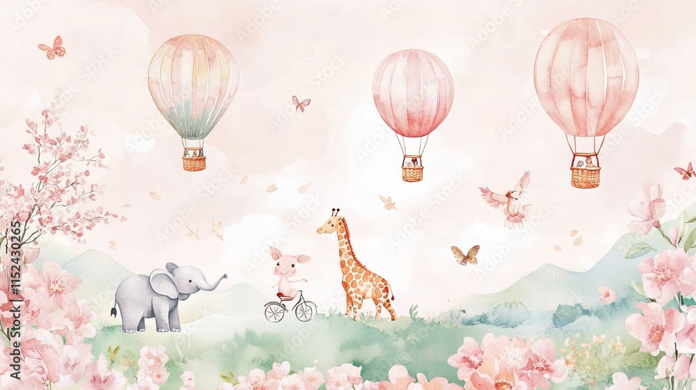 Whimsical watercolor mural depicts animals cycling amidst hot air balloons against a soft pink backdrop. Ideal for a girl's room, this mural features adorable illustrations of a giraffe, elephant Whimsical watercolor mural depicts animals cycling amidst hot air balloons against a soft pink backdrop. Ideal for a girl's room, this mural features adorable illustrations of a giraffe, elephant