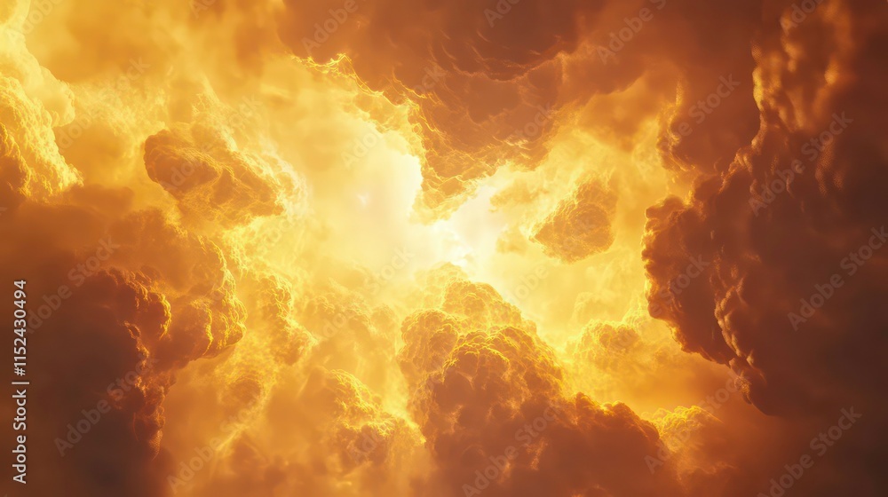 Fototapeta premium Dramatic golden clouds illuminated by radiant sunlight burst forth from center
