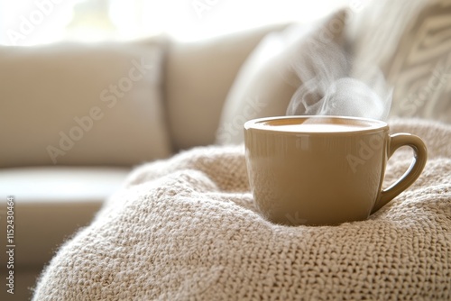 Warm beige coffee cup on cozy knit blanket. photo