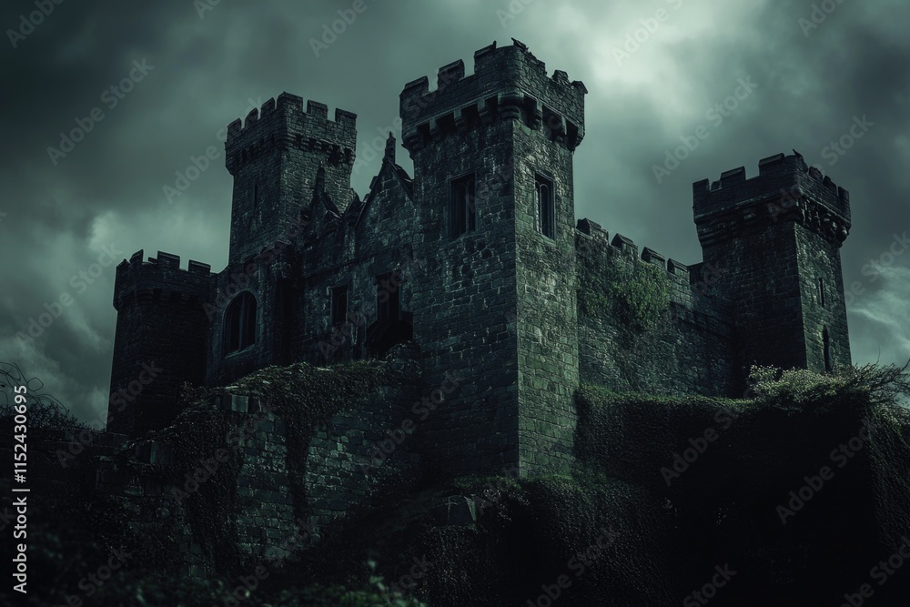 Obraz premium A medieval-style castle with a large clock on its highest point, suitable for use in illustrations about architecture, history or fantasy stories