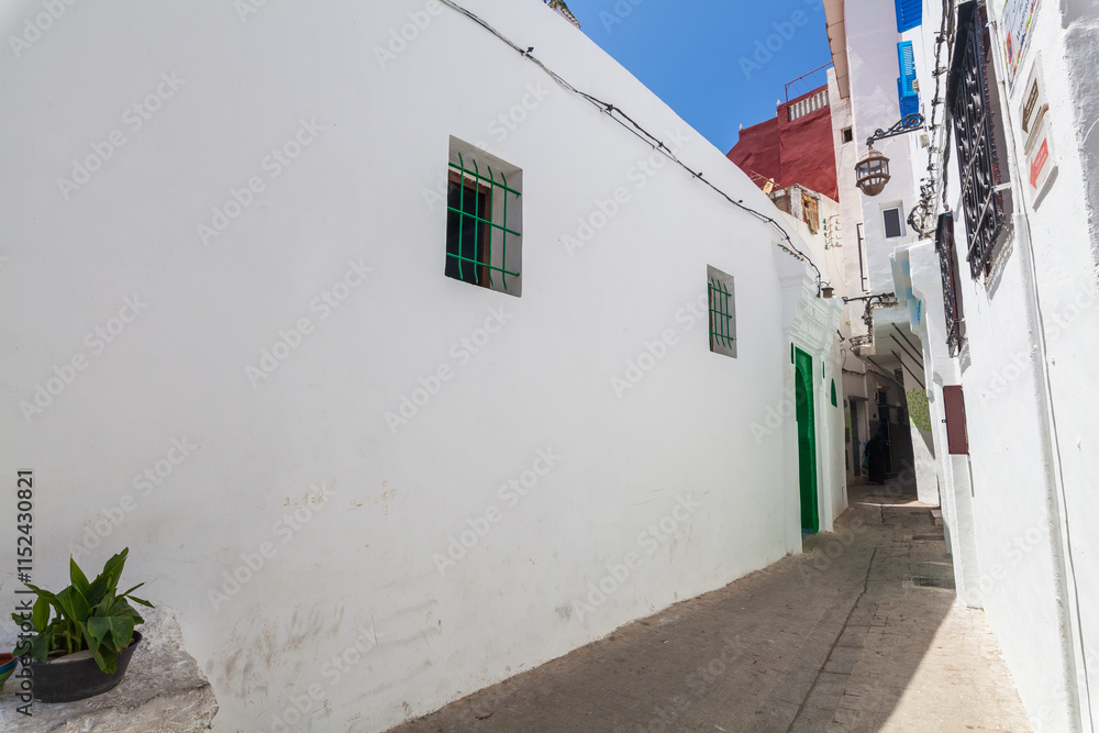 Fototapeta premium narrow, sunlit alleyway between whitewashed buildings, punctuated by small windows and a green door, creating a peaceful and characteristic Mediterranean street scene