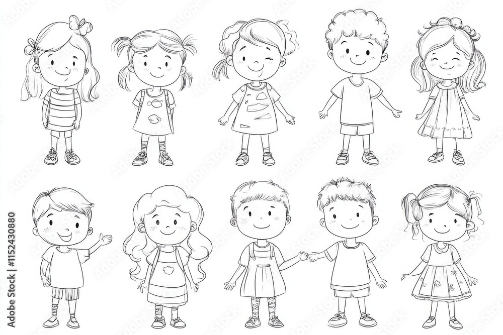 A group of smiling cartoon children holding hands, ideal for illustrations and animations A group of smiling cartoon children holding hands, ideal for illustrations and animations
