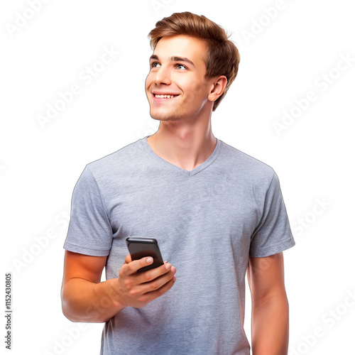 A young man in a soft grey t shirt holds a smart scale gazing thoughtfully upwards in a bright indoor space evoking curiosity