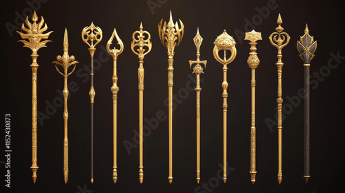 Gold royal scepters, king and queen wands. Vector realistic set of ancient golden rod, royalty symbol of monarchy and imperial power. Medieval jewelry sceptre, coronation insignia photo