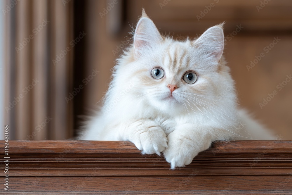 Fototapeta premium classic study room, majestic persian cat sits on mahogany bookshelf in classic study surrounded by leather-bound books, with space for text