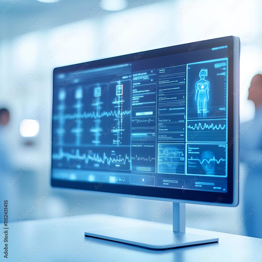 Encrypted patient health records displayed on a futuristic monitor, blending privacy with innovation Encrypted patient health records displayed on a futuristic monitor, blending privacy with innovation