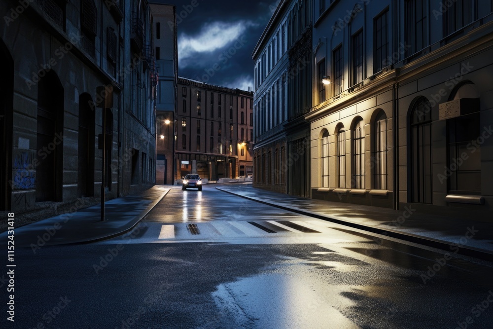 Fototapeta premium A vehicle traveling down a rainy road in the evening