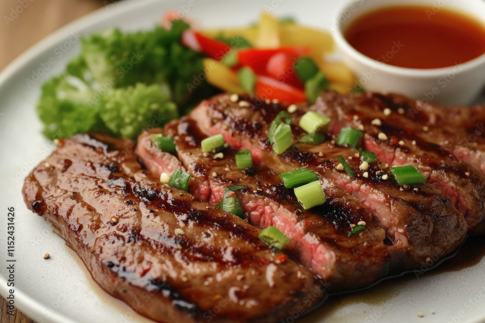 A sliced, grilled steak with vegetables and sauce on a white plate. Represents a delicious meal, fine dining, and culinary arts. A sliced, grilled steak with vegetables and sauce on a white plate. Represents a delicious meal, fine dining, and culinary arts.