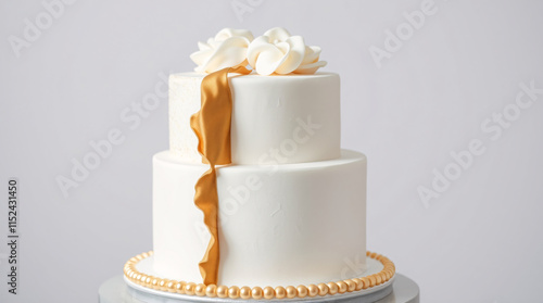 Luxury gold and white wedding cake with a distinctive split design, ideal for upscale and modern bridal events photo