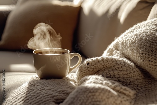 Warm steaming coffee mug on cozy knit blanket on sofa. photo