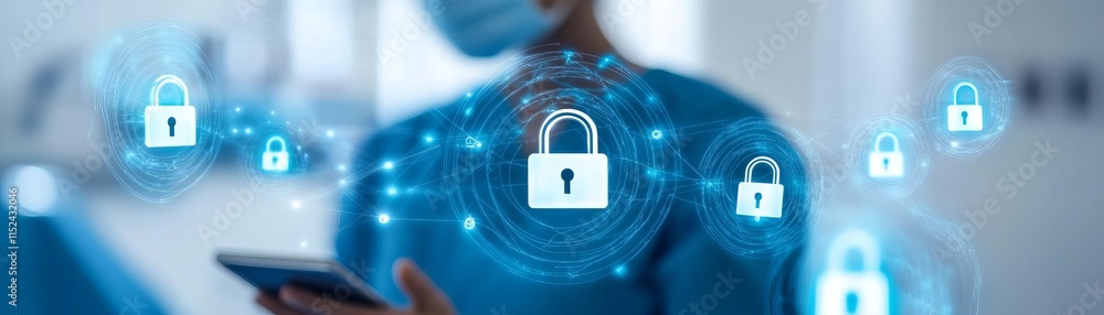 Glowing lock symbols over wearable tech devices, blending patient care with safety Glowing lock symbols over wearable tech devices, blending patient care with safety
