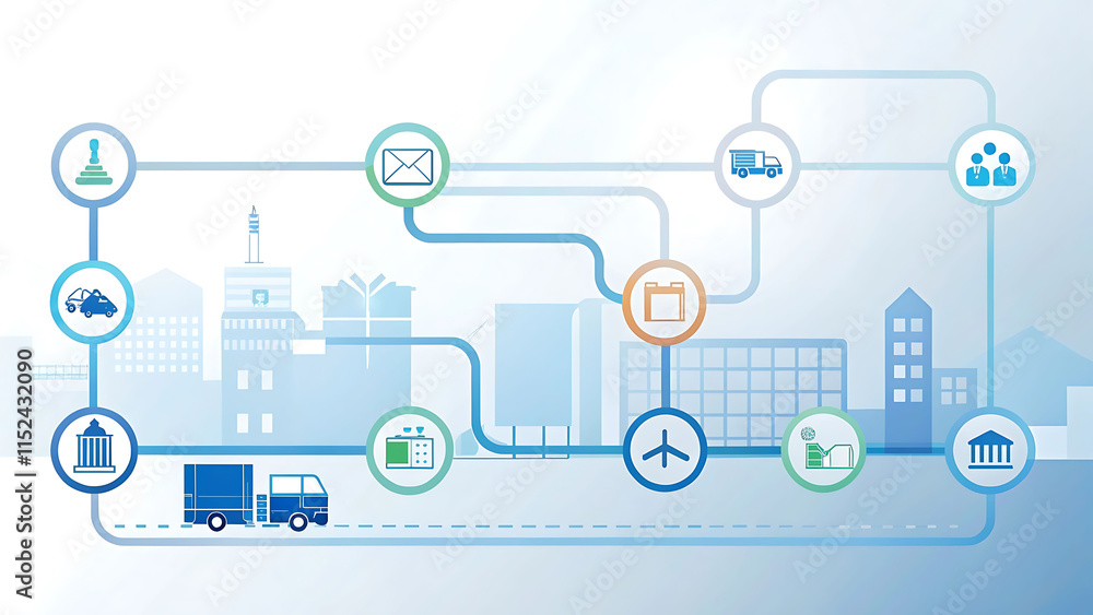 Supply Chain Pathway A glowing factory icon at one end with dynamic lines branching out to storage, shipping, and retail icons, showing the flow of goods. Supply Chain Pathway A glowing factory icon at one end with dynamic lines branching out to storage, shipping, and retail icons, showing the flow of goods.
