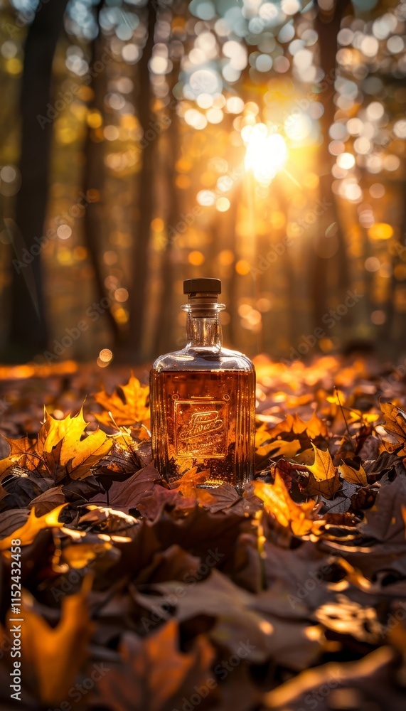 Whiskey bottle illuminated by autumn leaves in a tranquil forest with soft golden sunlight Whiskey bottle illuminated by autumn leaves in a tranquil forest with soft golden sunlight