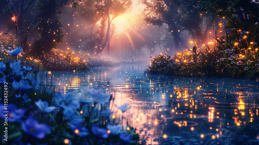 Enchanting River Twilight - Fantasy Scene with Glowing Flowers and Whimsical Creatures Enchanting River Twilight - Fantasy Scene with Glowing Flowers and Whimsical Creatures