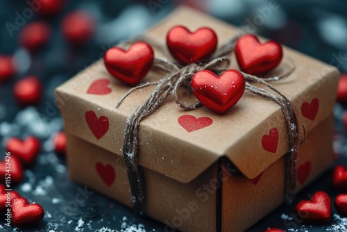 A small, ornate box with red hearts tied around it, perfect for a romantic or special occasion photo