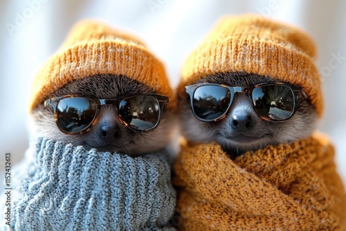 A pair of small animals, likely pets, dressed in sunglasses and sweaters for a fun and casual outing photo