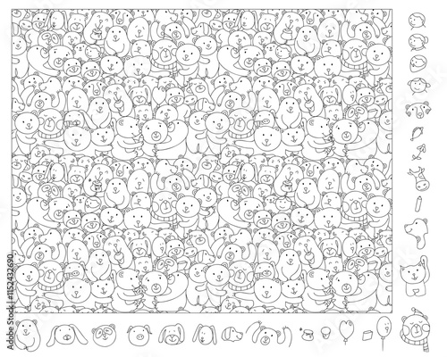 Find and color hidden objects in the picture. Bear group. Animal linear sketch vector illustration