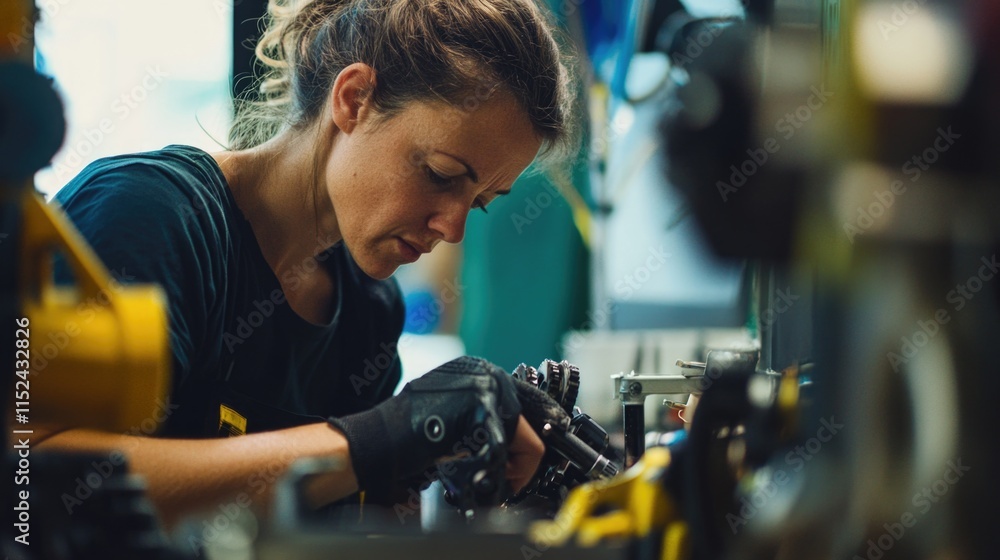 A woman works on a machine in a factory setting, focusing on her task A woman works on a machine in a factory setting, focusing on her task