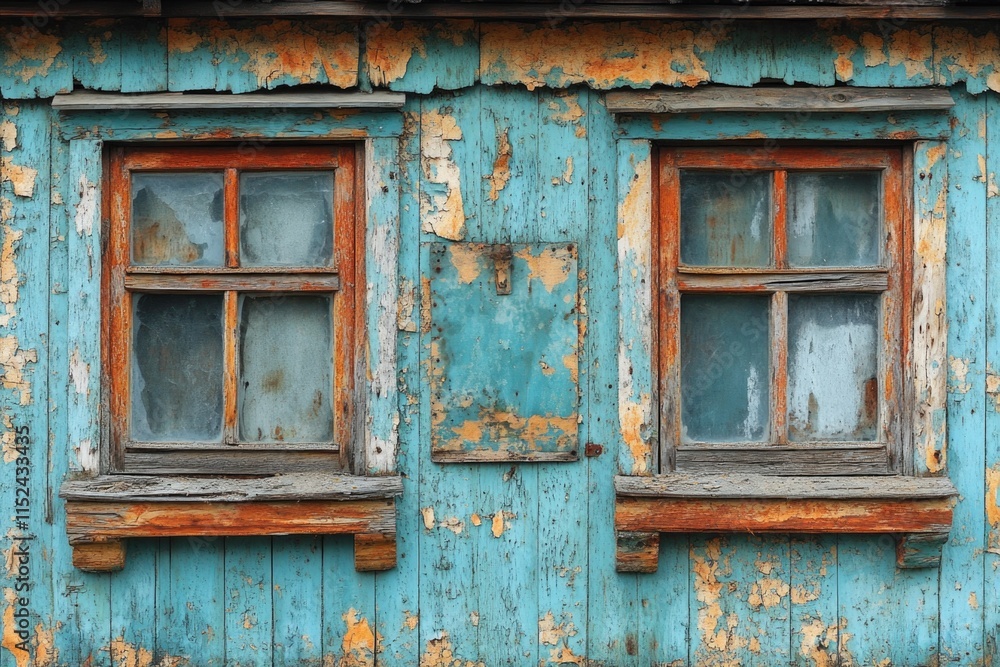 Two windows with shutters on the side of a blue building, possibly residential or commercial Two windows with shutters on the side of a blue building, possibly residential or commercial