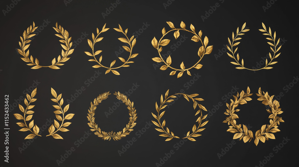 Gold laurel wreath, winner award set vector illustration. Golden branch of olive leaves or stars of victory symbol, insignia emblem decoration design, triumph honour champion prize isolated on Black Gold laurel wreath, winner award set vector illustration. Golden branch of olive leaves or stars of victory symbol, insignia emblem decoration design, triumph honour champion prize isolated on Black
