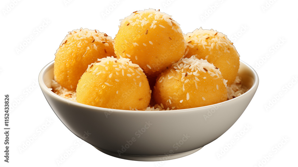 Traditional Indian laddu dessert, made from gram flour, sugar, and ghee, served during festivals and rituals, studio view, isolated on transparent background. Traditional Indian laddu dessert, made from gram flour, sugar, and ghee, served during festivals and rituals, studio view, isolated on transparent background.