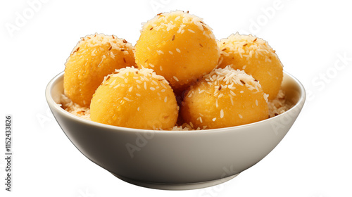 Traditional Indian laddu dessert, made from gram flour, sugar, and ghee, served during festivals and rituals, studio view, isolated on transparent background. photo