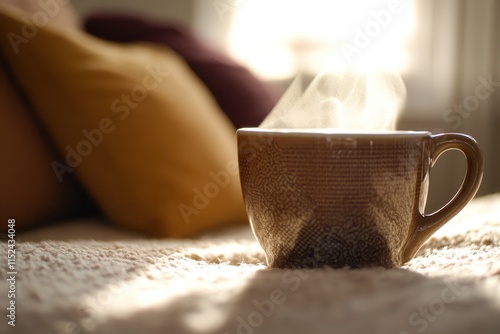 Steaming hot drink in a cozy cup on a bed. photo