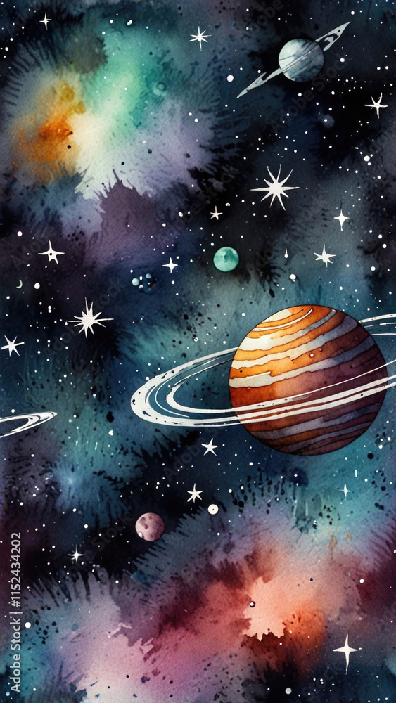 Naklejka premium Artistic space scene with a ringed planet, stars, and vibrant galaxy hues