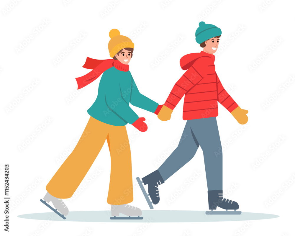 Fototapeta premium Boy and girl in warm clothes skating on ice. Happy couple of young people on skating rink in winter. Snowy winter season outdoor activity. Vector illustration isolated on white background.