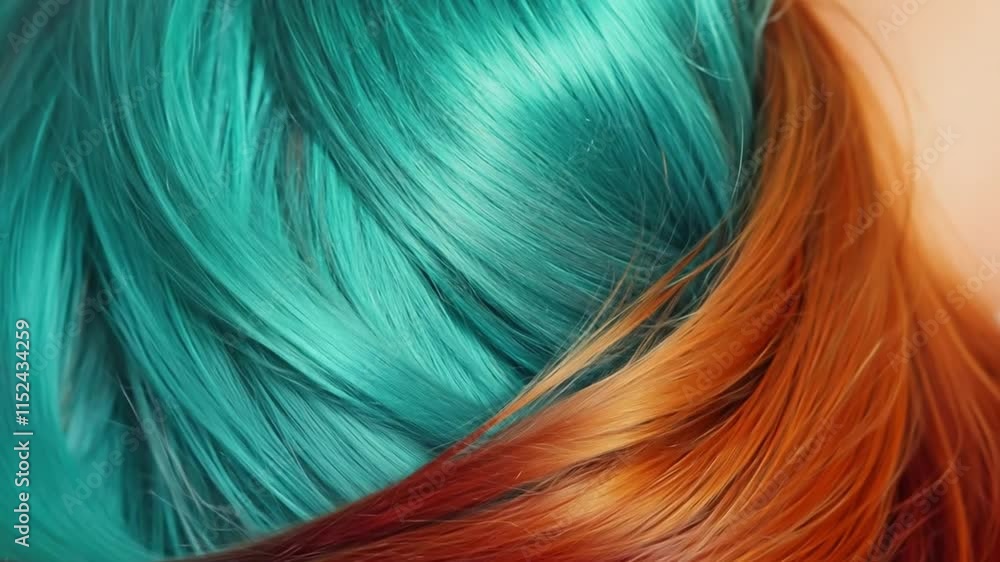Slow motion shot of waving green and orange hair. Beautiful healthy long smooth flowing hair. Slow motion shot of waving green and orange hair. Beautiful healthy long smooth flowing hair.