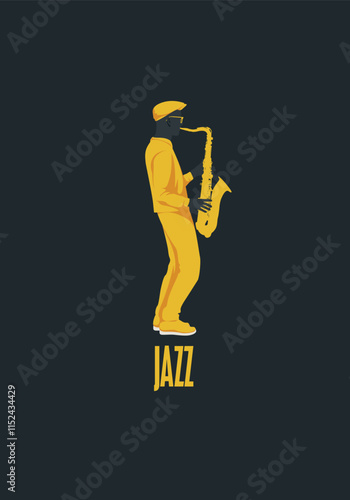 vector poster for jazz live music festival with drawing of saxophonist with saxophone in retro style. Music banner, flyer, invitation and ticket