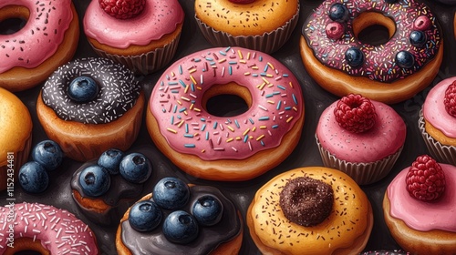 A selection of donuts with different toppings, ideal for food and beverage related uses photo