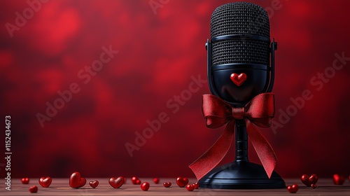 Vintage microphone with red hearts and bow on red background, elegant Valentine's Day concept, perfect for romantic promotions with copy space