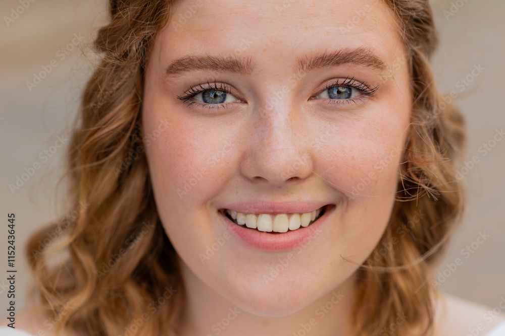 Close-up portrait of natural beauty young beautiful woman smiling looking at camera. Happy pretty woman face, girl female model. Lady opening her eyes. Contented redhead girl with pretty blue eyes Close-up portrait of natural beauty young beautiful woman smiling looking at camera. Happy pretty woman face, girl female model. Lady opening her eyes. Contented redhead girl with pretty blue eyes