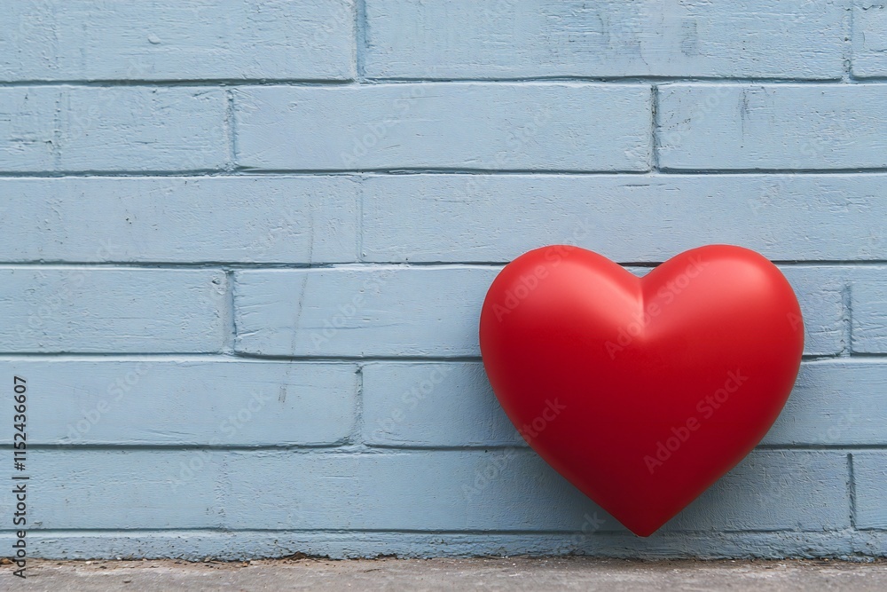 Valentine's Day Red Heart Against Light Blue Brick Wall Background Valentine's Day Red Heart Against Light Blue Brick Wall Background
