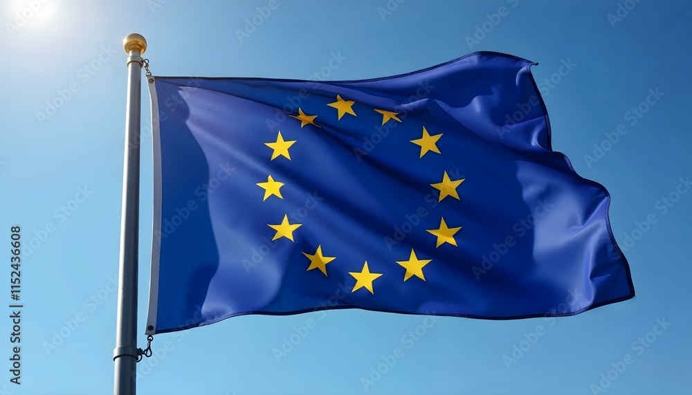 European Union Flag with Twelve Golden Stars Fluttering Under Soft Sunlight European Union Flag with Twelve Golden Stars Fluttering Under Soft Sunlight