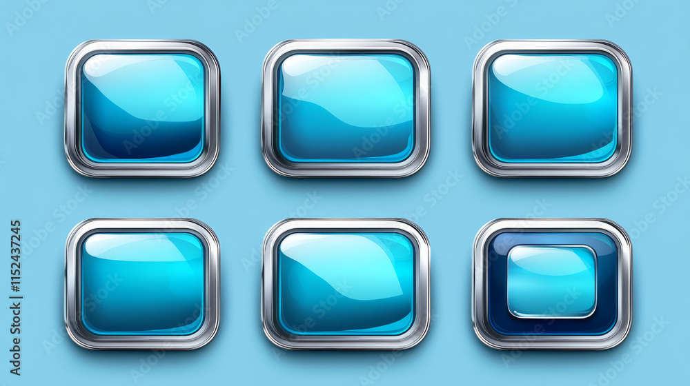 Blue buttons with silver decorative frames for rpg game interface. Vector cartoon set of square award badges, glossy achievement labels with fantasy metal borders isolated on background Blue buttons with silver decorative frames for rpg game interface. Vector cartoon set of square award badges, glossy achievement labels with fantasy metal borders isolated on background