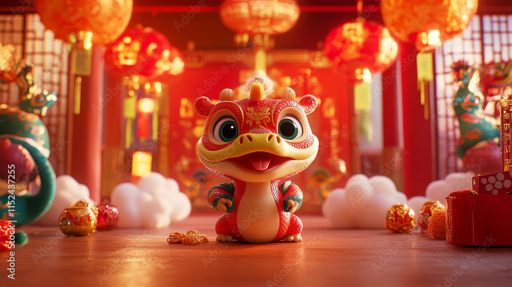 Festive chinese new year set. Kawaii snake characters - pink serpent with fan, orange snake with lantern. Traditional decorations - cloud motif, firecracker, dumpling, blessing card, knot and blower. Festive chinese new year set. Kawaii snake characters - pink serpent with fan, orange snake with lantern. Traditional decorations - cloud motif, firecracker, dumpling, blessing card, knot and blower.