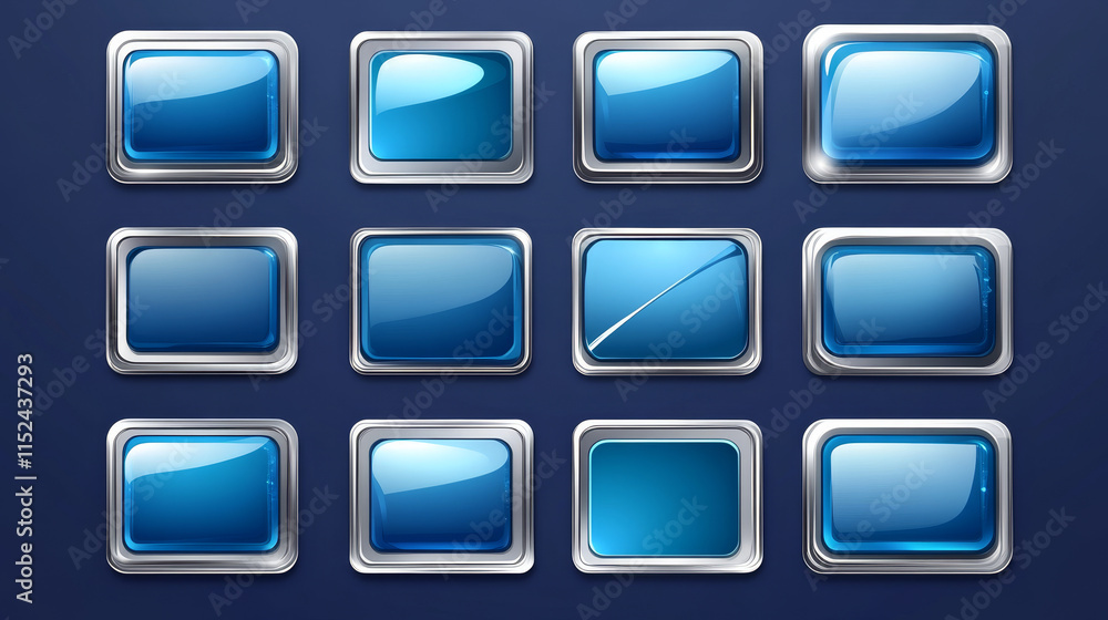 Blue buttons with silver decorative frames for rpg game interface. Vector cartoon set of square award badges, glossy achievement labels with fantasy metal borders isolated on background Blue buttons with silver decorative frames for rpg game interface. Vector cartoon set of square award badges, glossy achievement labels with fantasy metal borders isolated on background