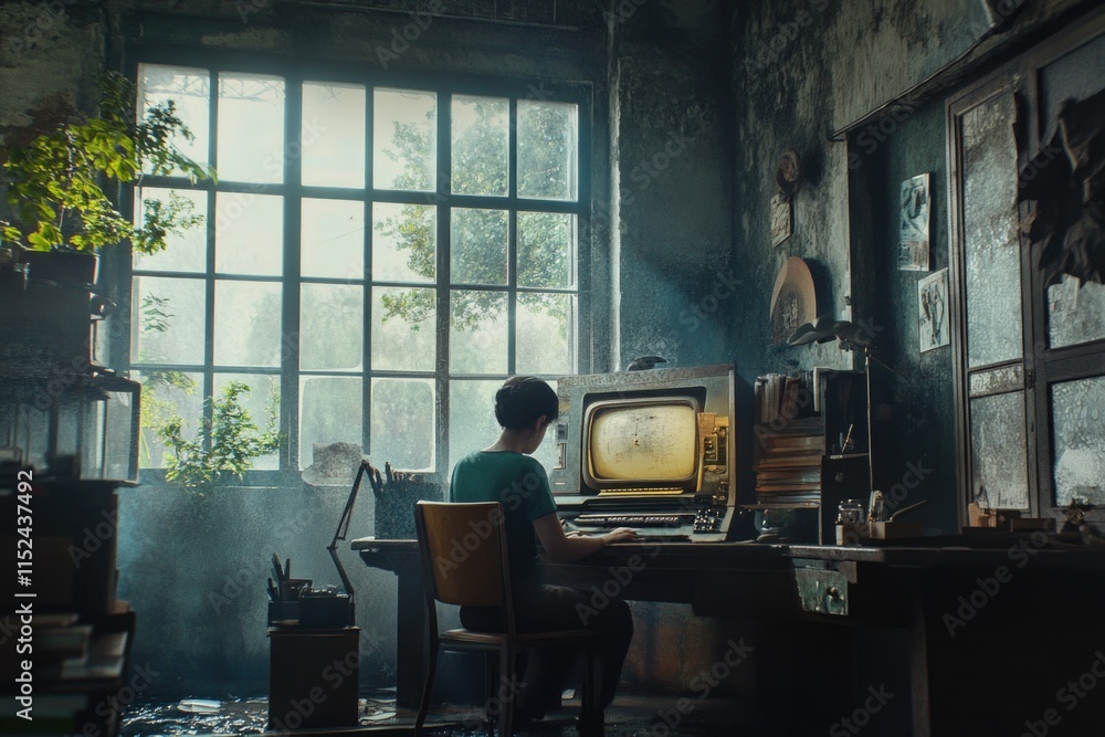 Fototapeta premium A person sitting at a desk with a TV screen in the background, possibly for work or leisure