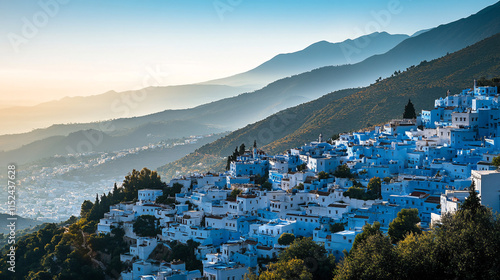 Panoramic view of Chefchaouen's blue-washed houses nestled on a mountain slope under a serene sky at sunrise
