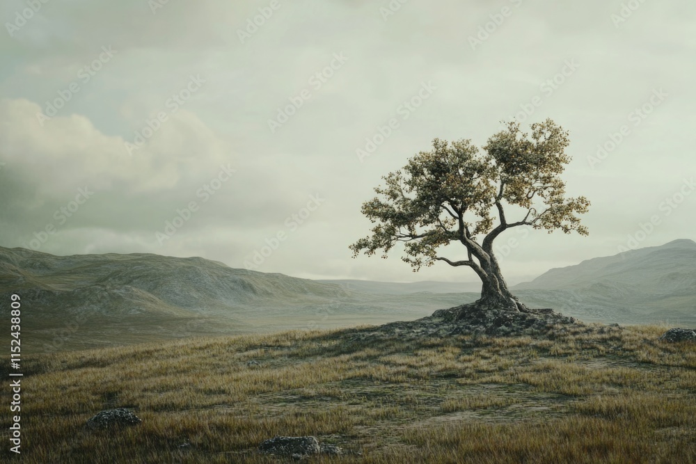 Obraz premium A solitary tree standing atop a hill, with open landscape in the background